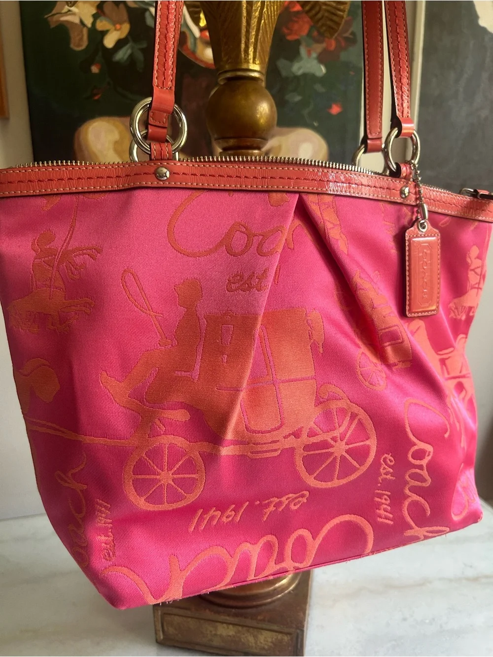 Coach Poppy Pink Op Art Horse & Carriage Jacquard Tote Shoulder Bag Coral